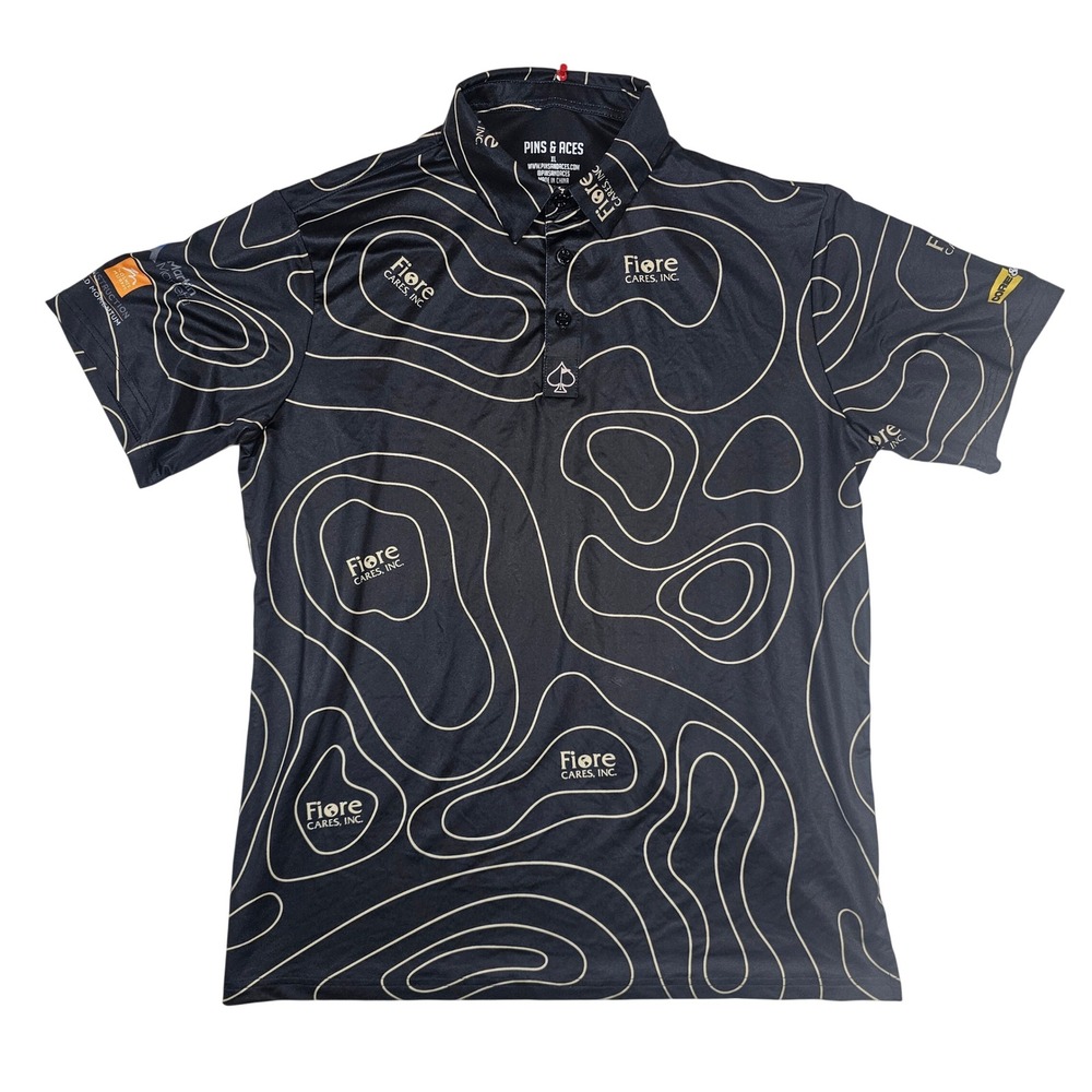 Pins & Aces Mens XL Golf Polo Shirt Black Gold Topographical Fiore Cares Logo